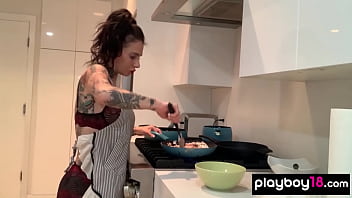 Preview 1 of Woman Bodybuilder Pussy - Inked MILF housewife Joanna Angel cooking and dildoing her hungry pussy