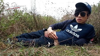 Preview 3 of Family Taboo - Cute gay Asian twink Jon Arteen speaks French,  masturbates his smooth penis in the rain,  lubricated with his saliva,  moans,  ejaculates sticky cum on his fingers