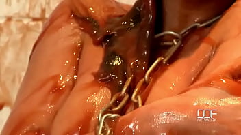 Preview 4 of Jav Gyno Phone - Chained babe peeing &amp_ bathing in red juice