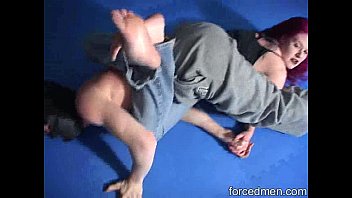 Preview 1 of Oji Mem - Masked man struggles against red headed domina