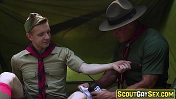 Preview 1 of Chaines Xxx Moves - Scoutmaster Tyler Saint is teaching scout boy Serg Shepard some first aid,  but the intimate moment leads to hardcore gay sex in a tent!