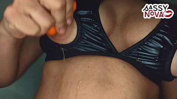 Preview 4 of Retro Ponytails - Sexy Teen Amateur Girl Play With Orange On Her Body and Pussy Wearing Sexy Lingerie Bra Panty