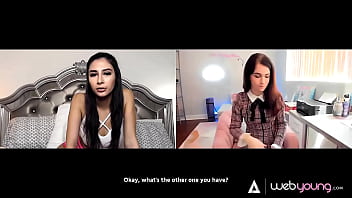 Preview 1 of Dancing Bear Parties - Gorgeous Teens Gianna Dior &amp_ Evelyn Claire Have Distant Video Call Sex For Their First Date