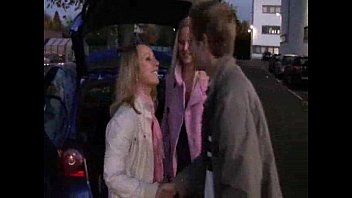 Preview 1 of Tiny Black Chick - Two girls fucked by a stranger at the parking lot