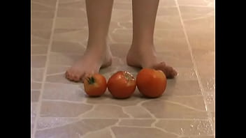 Preview 1 of Teen Fat Tits Crying - Foot Fetish - Sexy feet crushing tomatoes