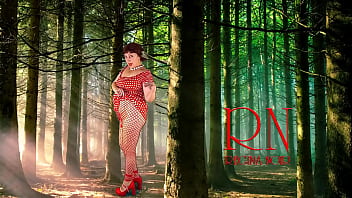 Preview 2 of Yh H2 Yrj - Pin-up lady posing in the forest. She shows her tits and pussy. Mesh tights. Regina Noir