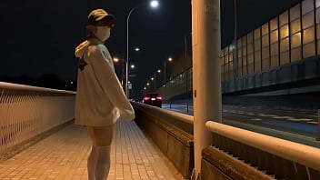 Preview 2 of School Group Sex In Bus - 女装子まゆちゃんが深夜の橋の歩道でパーカーだけ着て下半身はだかになってＭ字開脚をして露出プレイを楽しんでいる横を車が通っていく