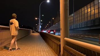 Preview 3 of School Group Sex In Bus - 女装子まゆちゃんが深夜の橋の歩道でパーカーだけ着て下半身はだかになってＭ字開脚をして露出プレイを楽しんでいる横を車が通っていく
