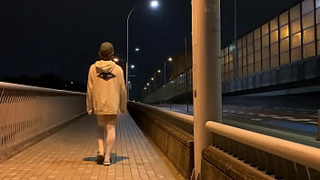 Preview 1 of School Group Sex In Bus - 女装子まゆちゃんが深夜の橋の歩道でパーカーだけ着て下半身はだかになってＭ字開脚をして露出プレイを楽しんでいる横を車が通っていく
