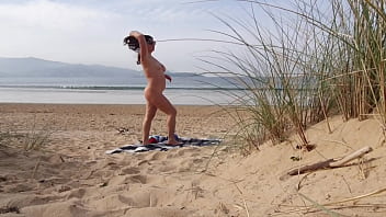 Preview 2 of Sissy English Tension Granny - I filmed a curvy MILF changing clothes and doing Exercises on the Beach