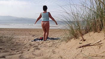Preview 3 of Sissy English Tension Granny - I filmed a curvy MILF changing clothes and doing Exercises on the Beach