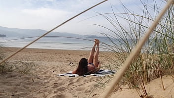 Preview 1 of Sissy English Tension Granny - I filmed a curvy MILF changing clothes and doing Exercises on the Beach