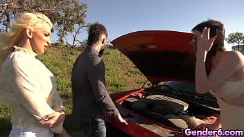 Preview 1 of Hot European - Tattoed Hatler Gurius wants transgender dick too. Blonde transgender Angelina Please needs some help with her car luckily tattoed guy Hatler in his way. Both give Hatler blowing his dick.