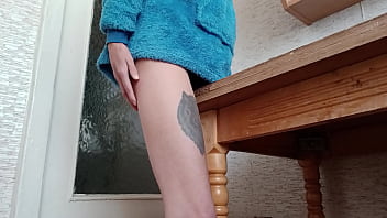 Preview 2 of Two German Online Studs - Skinny brunette rubs her pussy on the table in the kitchen