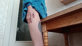 Preview 1 of Two German Online Studs - Skinny brunette rubs her pussy on the table in the kitchen