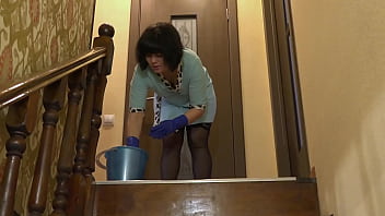 Preview 1 of Howllewood - A mature governess with a beautiful ass and a hairy pussy took off her bathrobe while washing the stairs in the master&#039_s house. Home fetish with hot milf. Amateur.