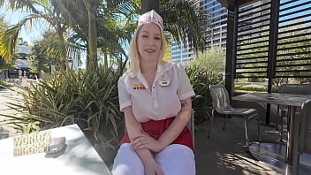 Preview 1 of Gloria Mfc - In-N-Out Girl with Big Tits Fucks 2 Huge Cocks gets Covered in Cum Gigi Sweets VS World Biggest Cock