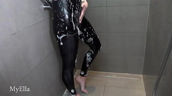 Preview 3 of Fanny Wash - Ella taking a soapy shower in shiny legging,  with blowjob