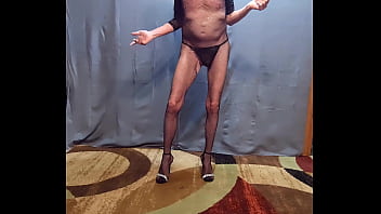 Preview 1 of Gay Porn Khaki - Busy-Bottom in new Fishnet Body Stocking &amp_ Heels