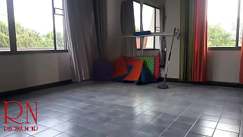 Preview 3 of Japan Wife Fuck Husband Friend - Nudist maid cleans the yoga room. A naked cleaner cleans mirrors,  sweeps and mops the floor. Cam 1