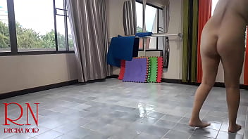 Preview 4 of Japan Wife Fuck Husband Friend - Nudist maid cleans the yoga room. A naked cleaner cleans mirrors,  sweeps and mops the floor. Cam 1