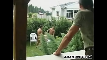 Preview 3 of Sort Boobs - Amateur teen girlfriend gets fucked hard by two guys in her garden
