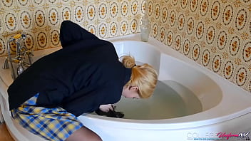 Preview 1 of Www Raw Baby - Drenched Doll Sophia Smith Keeps Her Uniform On While Taking Hot Bath!