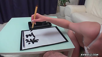 Preview 2 of Lone Xxx Vidoes - Japanese girl Renka Shimizu sucking dick and writes with a pencil uncensored.