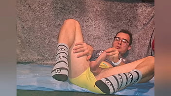 Preview 2 of Hair Pussy Bebe - I was playing with my cock after school,  wearing yellow underwear and socks which I&#039_ve covered with cum!