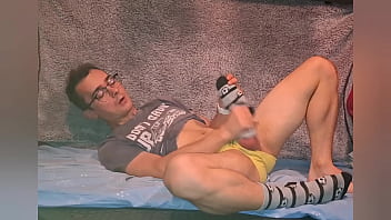 Preview 3 of Hair Pussy Bebe - I was playing with my cock after school,  wearing yellow underwear and socks which I&#039_ve covered with cum!