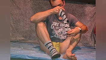 Preview 1 of Hair Pussy Bebe - I was playing with my cock after school,  wearing yellow underwear and socks which I&#039_ve covered with cum!