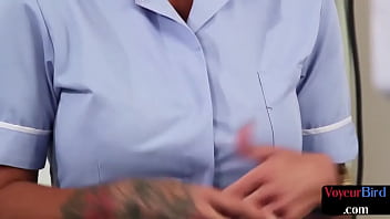 Preview 1 of Cock In Van - CFNM voyeur nurse teasing wanker guy who wanks on her