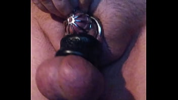 Preview 2 of Tube Xl - gothbottomchub caged and balls stretched closeup leaking precum