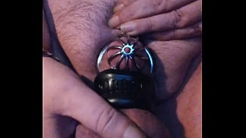 Preview 3 of Tube Xl - gothbottomchub caged and balls stretched closeup leaking precum