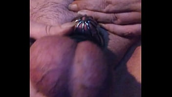 Preview 4 of Tube Xl - gothbottomchub caged and balls stretched closeup leaking precum