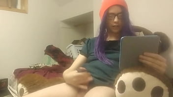 Preview 3 of Dikocokin - Trans girl masturbates while reading - big cumshot