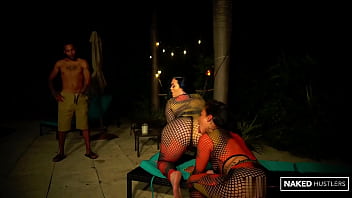 Preview 1 of Xxx Sana Xxx Video - Big booty threesome outside by the pool with phat ass Baddies