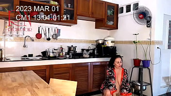 Preview 3 of Good Vibe Rubdown - Housewife in pantyhose in the kitchen. Naked maid gets an orgasm while cooking. c3 Data Time