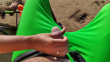 Preview 2 of German Online Biljop - Risky outdoor handjob from teen stepsister at the public beach. Almost caught by the police