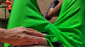 Preview 4 of German Online Biljop - Risky outdoor handjob from teen stepsister at the public beach. Almost caught by the police