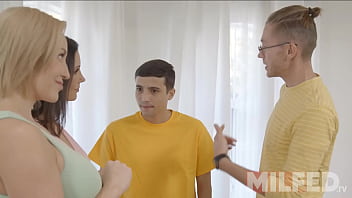Preview 1 of Big Tits And Thongs - Both MILFs Want To Fuck The Young Boy &mdash_ MILFED