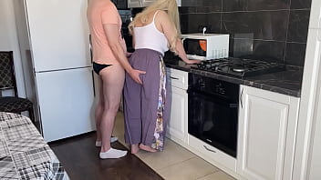 Preview 1 of Small Man And Women - Stepmom with big tits squeezed his cock in her hand and took it in her mouth for this she got a dick in a big ass in anal