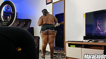 Preview 1 of Lesbian With Sextoy - Sexy Ebony Hotwife&#039_s cleaning interrupted for a quick fuck- Mara Exotic