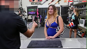 Preview 1 of Sawing Pool Sult Girls Brazzer - Busty pawnshop babe rubs clit before pov bj in shop