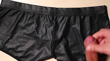 Preview 3 of Sex In Botty - Jerk and Cum on girlfriend black leather sexy panties