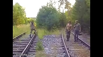 Preview 1 of Twin Small Fuck - Threesome gay fuck on the railroad