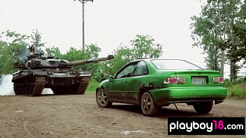Preview 3 of Hot Star Milf - Big boobed badass nude babes Taylor Seinturier and Nadia Moore driving tank