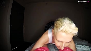 Preview 1 of Srotic Strip - Short Hair Blonde Girl sucks my cock like a bitch whore! Where did she learn this?