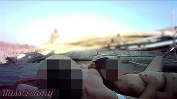 Preview 2 of Solo Teens Stocking Chair - French Teacher Handjob Amateur on Nude Beach public to stranger with Cumshot - MissCreamy