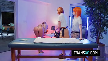 Preview 1 of Les Trib - Sexy trans masseuses Jean Hollywood and Shiri Allwood in threesome sex with a sexy whore